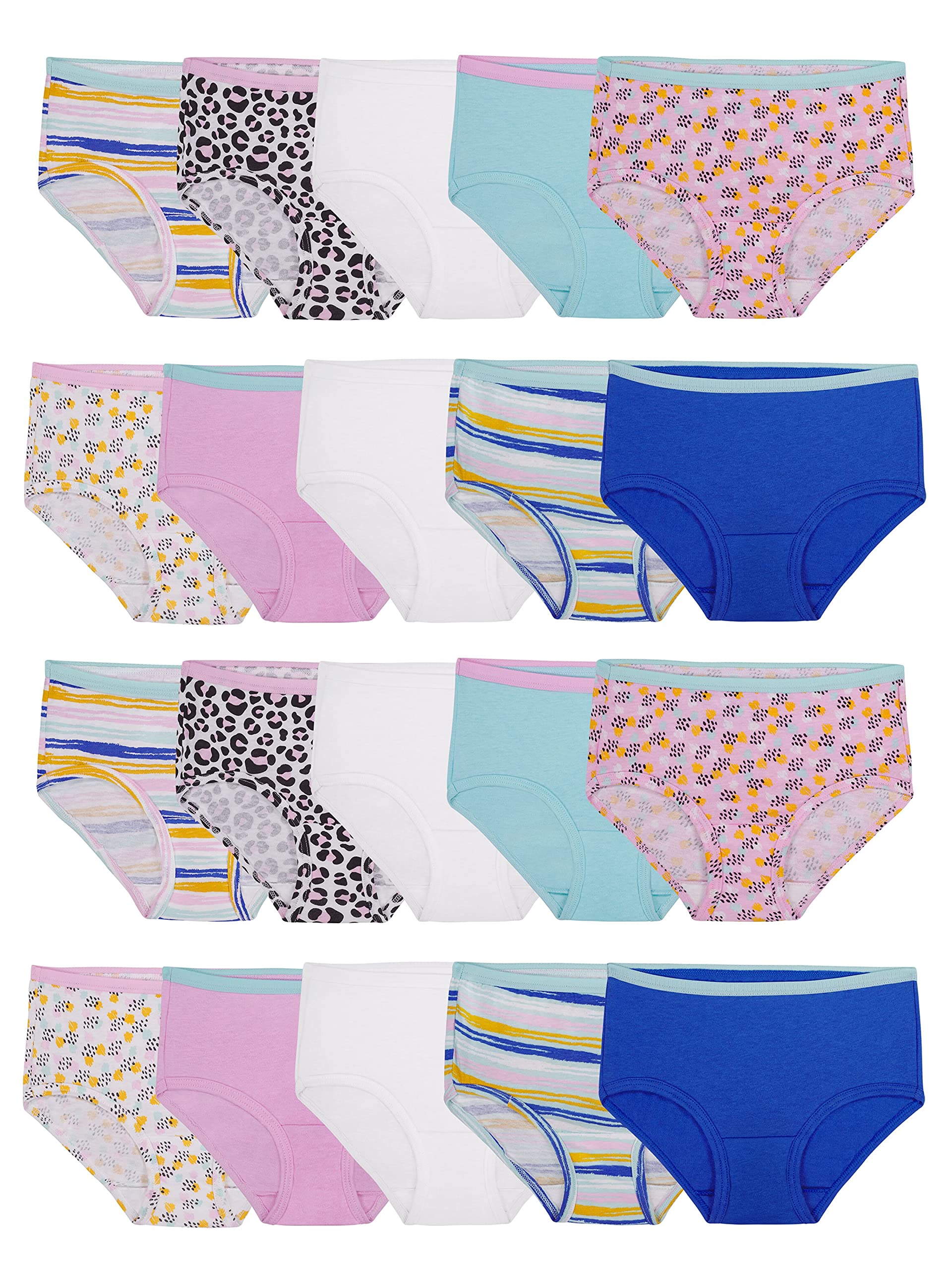 Fruit of the Loom Girls' Tag Free Cotton Brief Underwear Multipacks, Brief-20 Pack-White/Stripes/Animal Print, 8