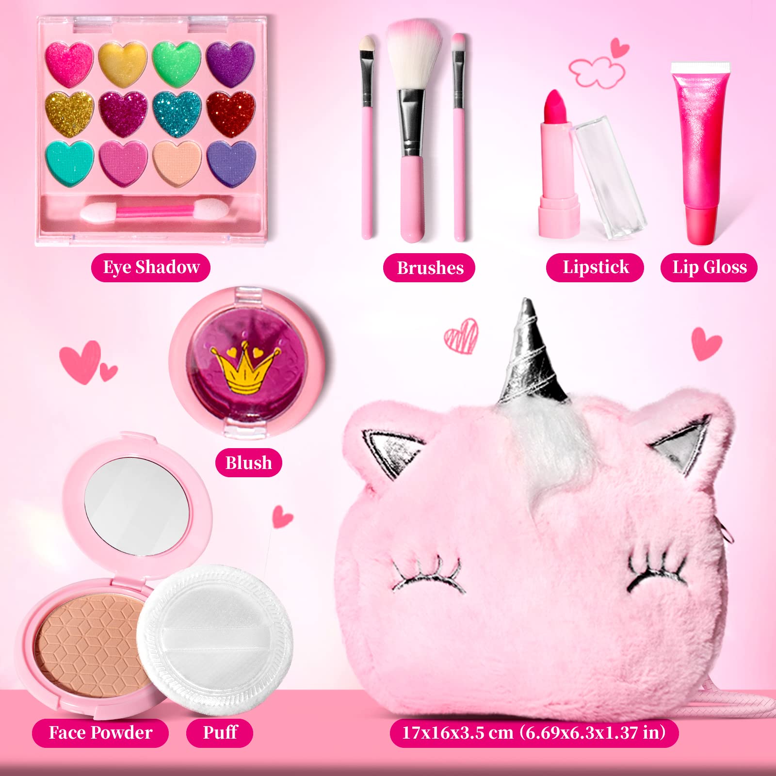 ULOVEME Kids Real Makeup Kit for Little Girls - Real, Non Toxic, Washable Make Up Toy - Umicorn Toys Gift for 3 4 5 6 7 8 9 10 12 Years Old Girls Birthday (Pink Umicorn)