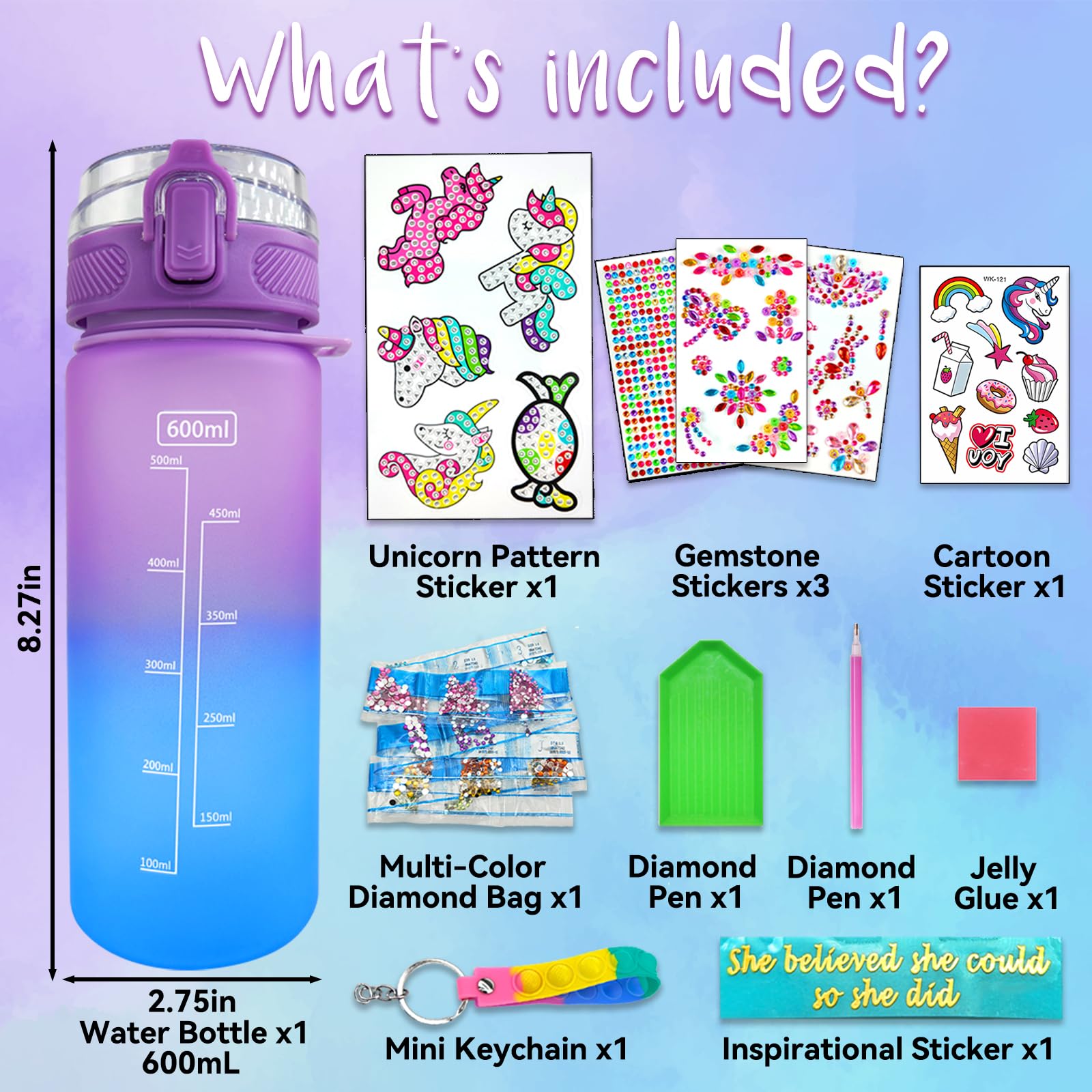 EDsportshouse Decorate Your Own Water Bottle Kits for Girls Age 4-6-8-10,Unicorn Painting Crafts,Fun Arts and Crafts Gifts Toys for Girls Birthday Christmas(Unicorn)