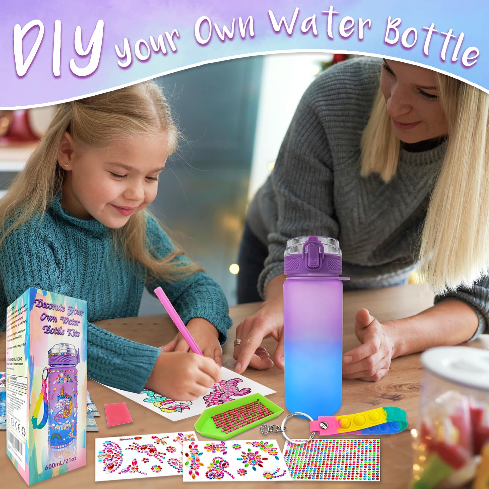 EDsportshouse Decorate Your Own Water Bottle Kits for Girls Age 4-6-8-10,Unicorn Painting Crafts,Fun Arts and Crafts Gifts Toys for Girls Birthday Christmas(Unicorn)