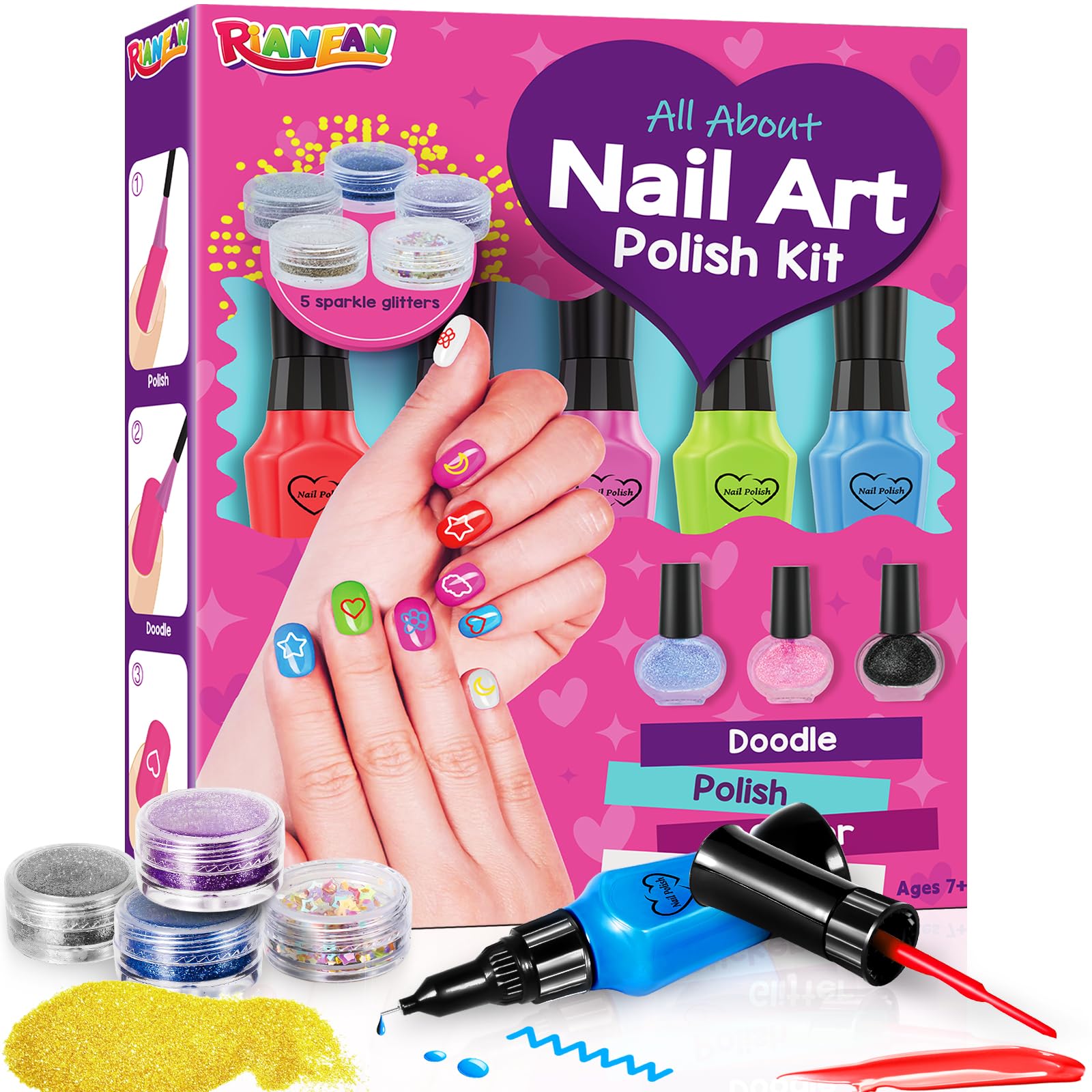 Nail Art Kit for Girls Ages 7 8 9 10 11 12, Nail Art Studio for Girls, Nail Art Kit Toys with Nail Art Pens, Glitter, Nail Stickers, Birthday Christmas Day Gifts for Kids Age 8-12