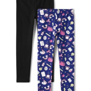 The Children's Place Girls' Printed Leggings 2-Pack, BG School Time Doodle_Electric Violet | Black, Large