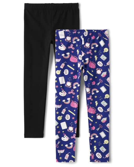 The Children's Place Girls' Printed Leggings 2-Pack, BG School Time Doodle_Electric Violet | Black, Large