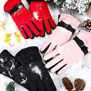 4 Pairs Winter Waterproof Snow Ski Gloves for Kids Warm Unisex Camouflage Gloves for Cold Weather Girls Boys Children (Red, Pink, Black, Black,for 6 - 12 Years Old)