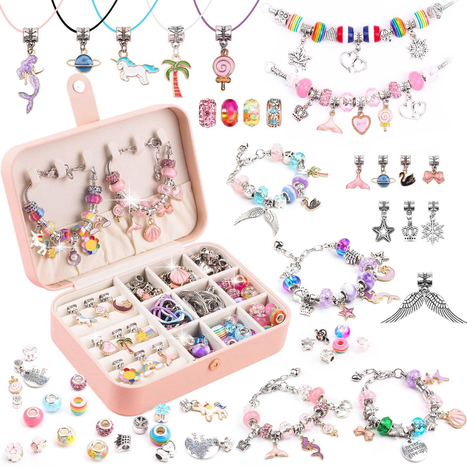 UFU Charm Bracelet Making Kit - Girls 120 Pcs DIY Beaded Jewelry Making Kit, Unicorn & Mermaid Gifts for Girls Toys Crafts for Teen Girls Ages 5 6 7 8-12, with a Portable Bracelet Organizer Box