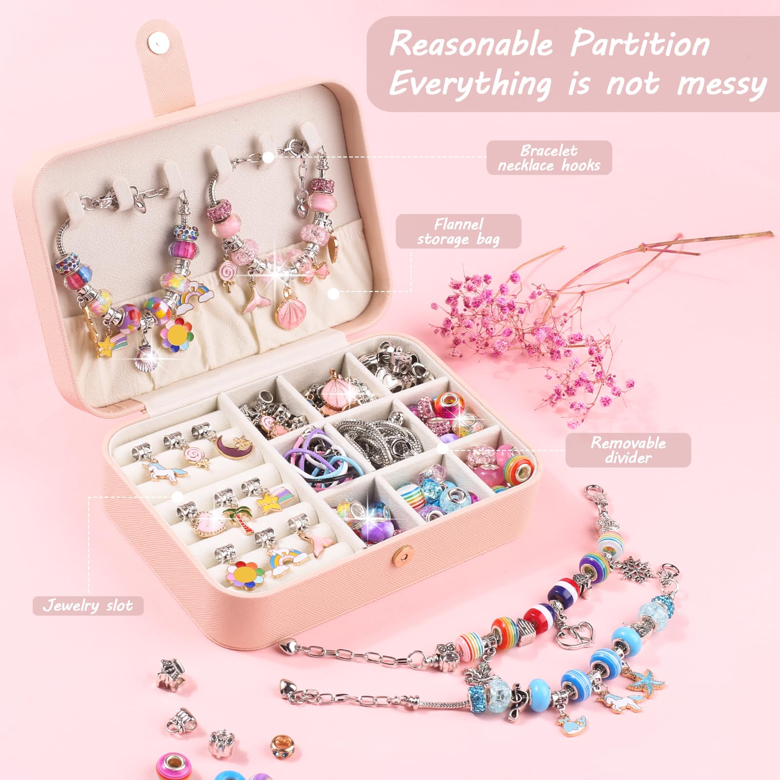 UFU Charm Bracelet Making Kit - Girls 120 Pcs DIY Beaded Jewelry Making Kit, Unicorn & Mermaid Gifts for Girls Toys Crafts for Teen Girls Ages 5 6 7 8-12, with a Portable Bracelet Organizer Box