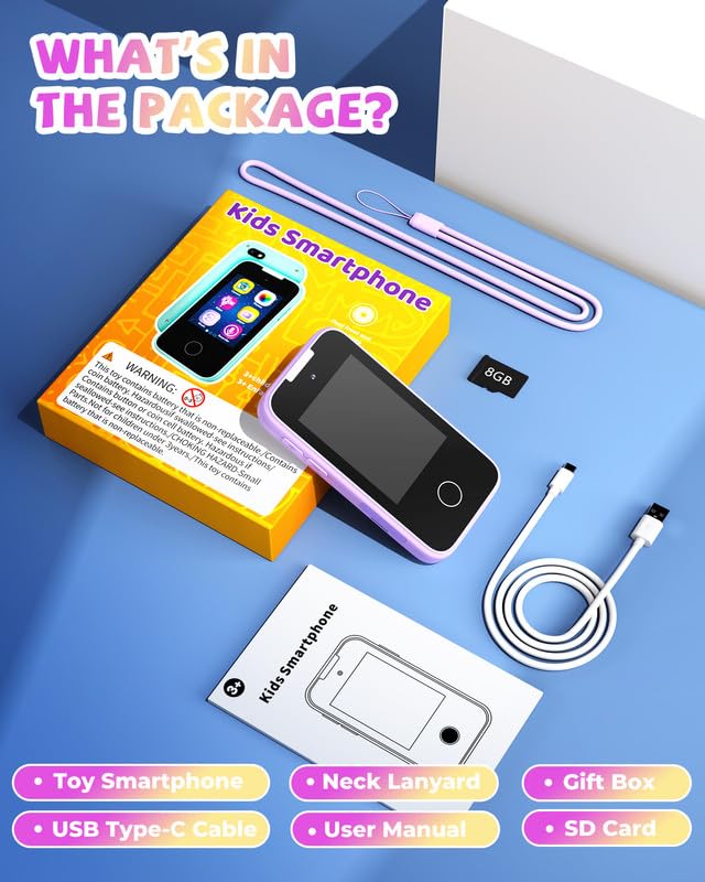 Kids Toy Smartphone, Gifts and Toys for Boys Ages 3-8 Years Old, Fake Play Toy Phone with Music Player Dual Camera Puzzle Games 8GB SD Card Touchscreen, Birthday, Kids Trip Activities