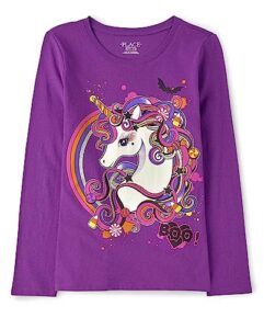 the children's place girls' all holidays long sleeve graphic t-shirts, purple unicorn, large