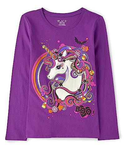 The Children's Place Girls' All Holidays Long Sleeve Graphic T-Shirts, Purple Unicorn, Large