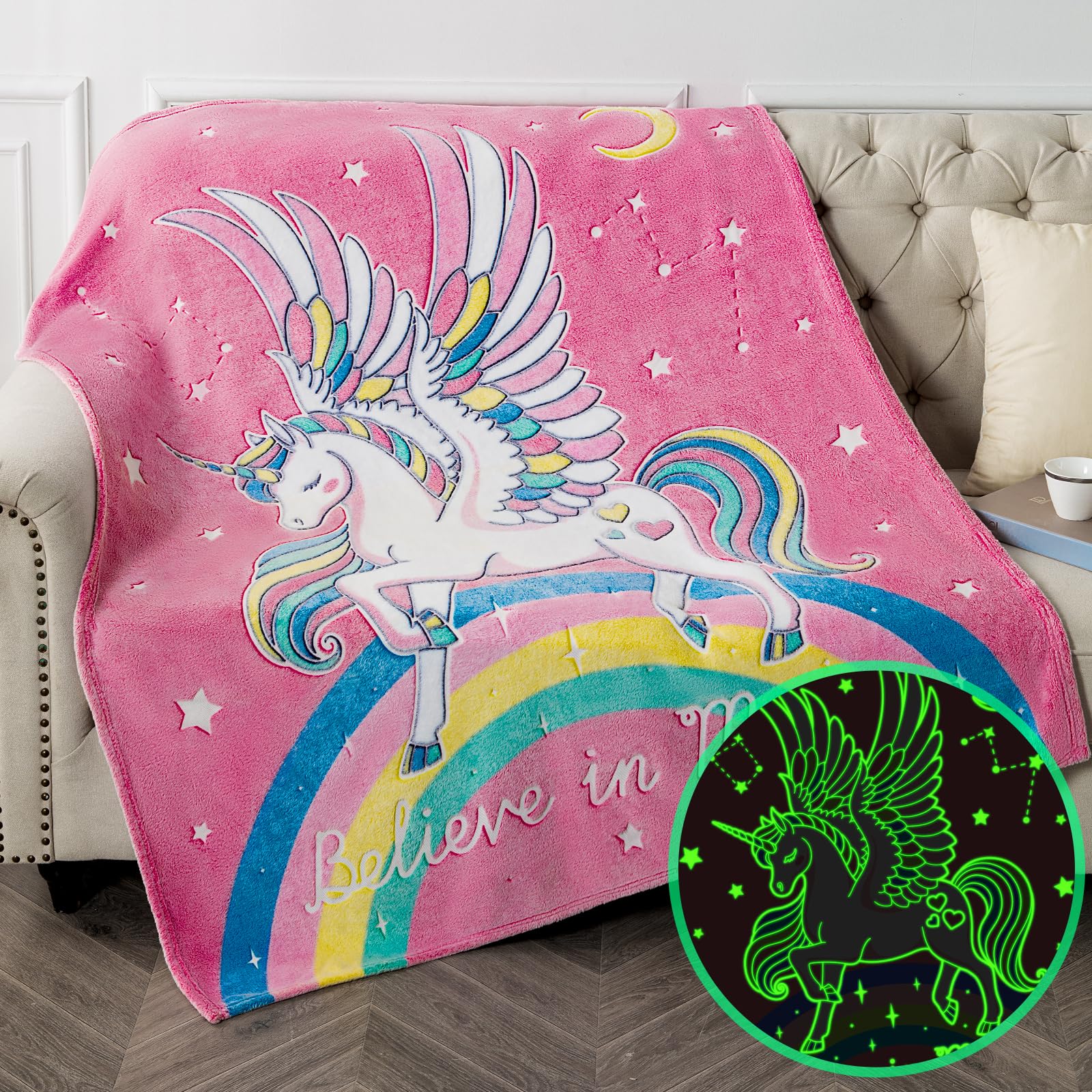 Unicorn Blanket Gifts for Girls Kids - Glow in The Dark Toys Stars Best Christmas Birthday Valentine's Day Easter Present for Toddler Age 1 2 3 4 5 6 7 8 9 10 Year Old Child Rainbow Throw 50"x60"