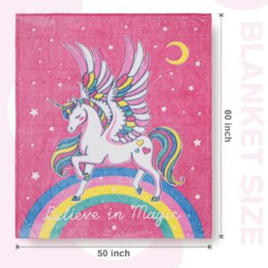 Unicorn Blanket Gifts for Girls Kids - Glow in The Dark Toys Stars Best Christmas Birthday Valentine's Day Easter Present for Toddler Age 1 2 3 4 5 6 7 8 9 10 Year Old Child Rainbow Throw 50"x60"