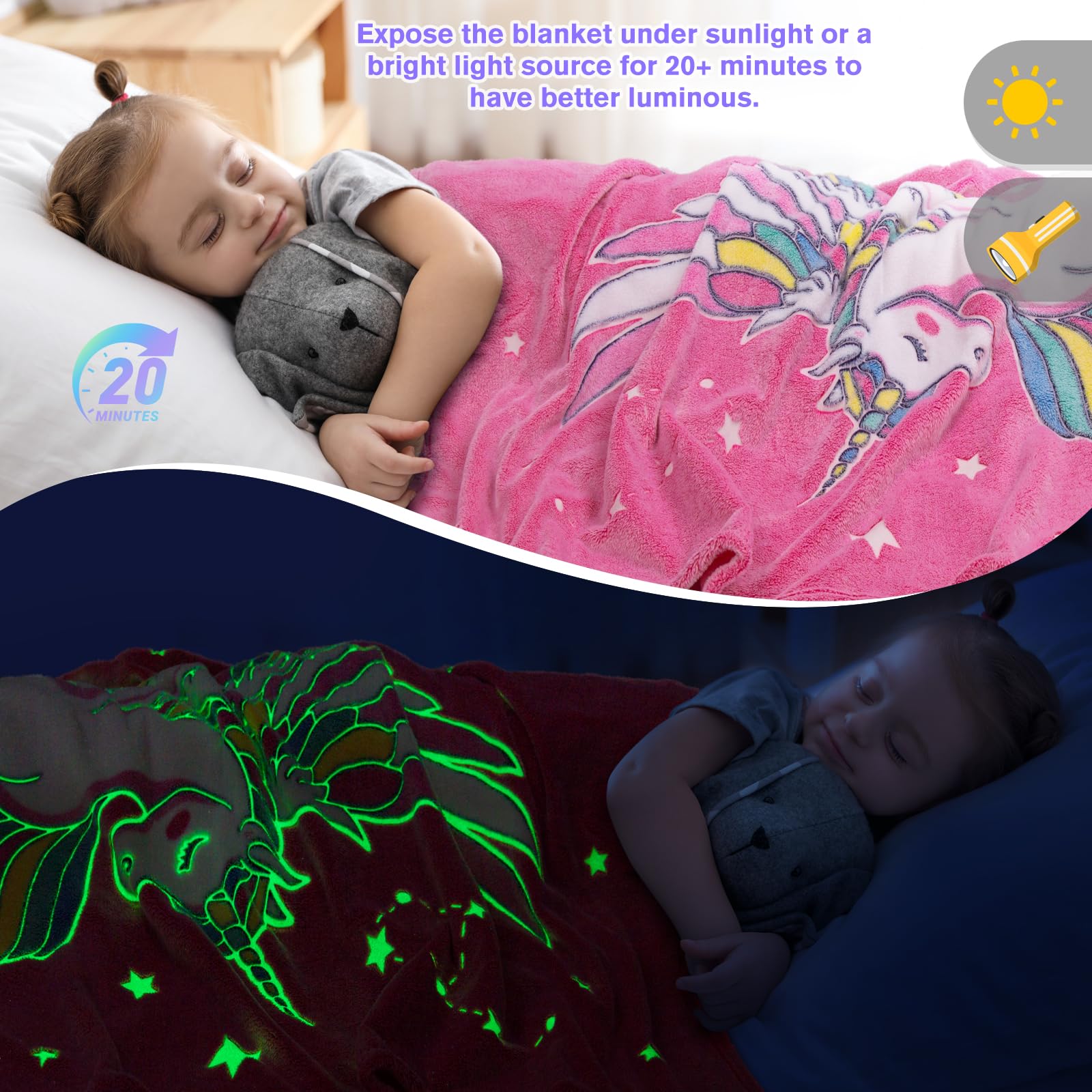 Unicorn Blanket Gifts for Girls Kids - Glow in The Dark Toys Stars Best Christmas Birthday Valentine's Day Easter Present for Toddler Age 1 2 3 4 5 6 7 8 9 10 Year Old Child Rainbow Throw 50"x60"