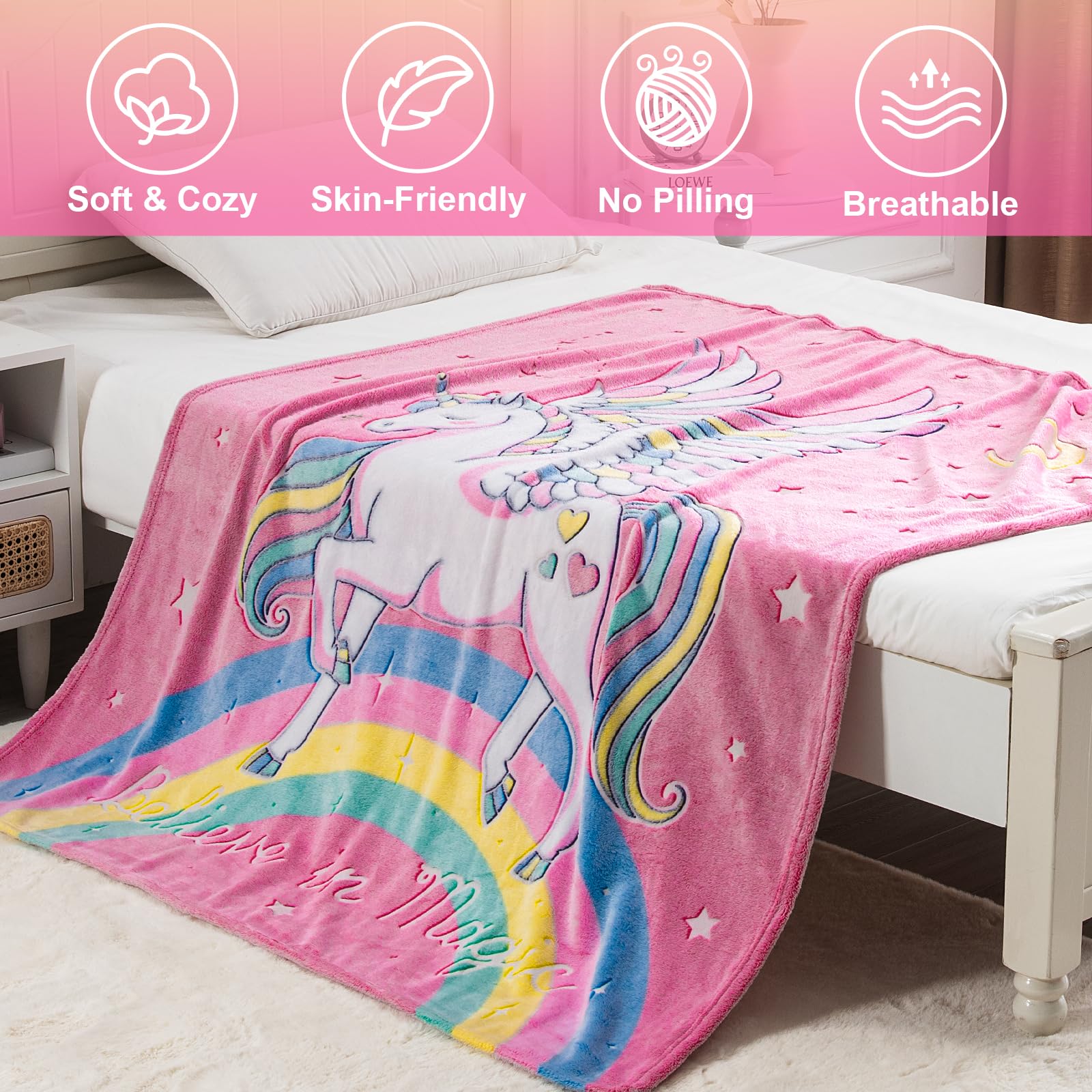 Unicorn Blanket Gifts for Girls Kids - Glow in The Dark Toys Stars Best Christmas Birthday Valentine's Day Easter Present for Toddler Age 1 2 3 4 5 6 7 8 9 10 Year Old Child Rainbow Throw 50"x60"