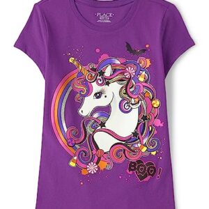 The Children's Place Girls' All Holidays Short Sleeve Graphic T-Shirts, Purple Halloween Unicorn, Medium