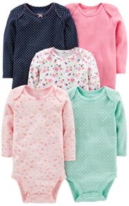 simple joys by carter's baby girls' 5-pack long-sleeve bodysuit, mint green/navy dots/pink/butterflies/floral, 0-3 months