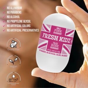 Fresh Kidz Pink Girls Roll On Deodorant - 1.86 fl oz Baking Soda and Aluminum Free 24 Hour Protection for Sensitive Skin