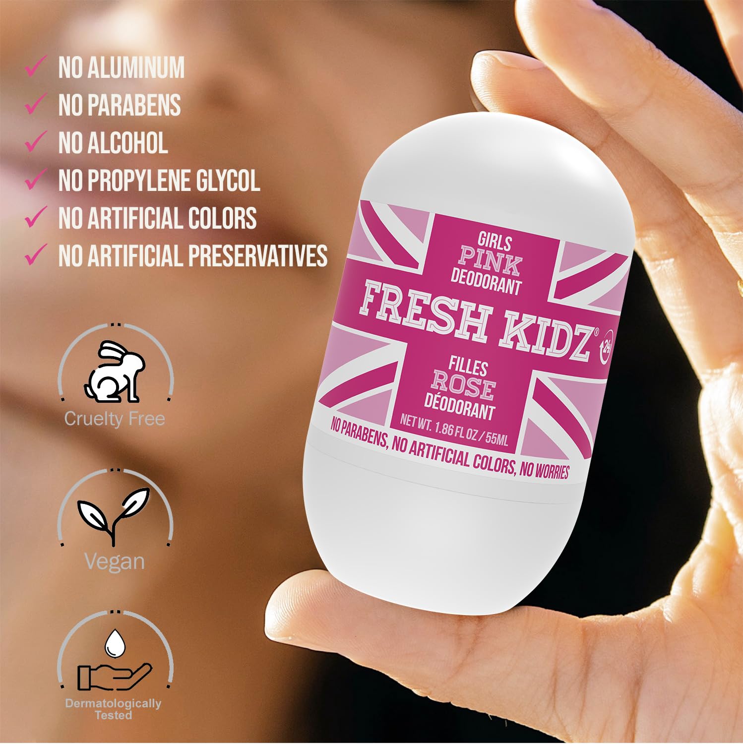 Fresh Kidz Pink Girls Roll On Deodorant - 1.86 fl oz Baking Soda and Aluminum Free 24 Hour Protection for Sensitive Skin