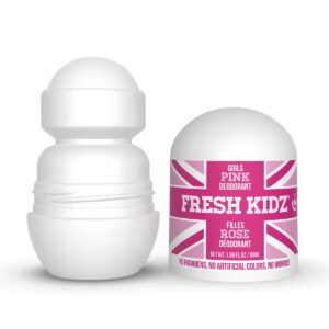 Fresh Kidz Pink Girls Roll On Deodorant - 1.86 fl oz Baking Soda and Aluminum Free 24 Hour Protection for Sensitive Skin