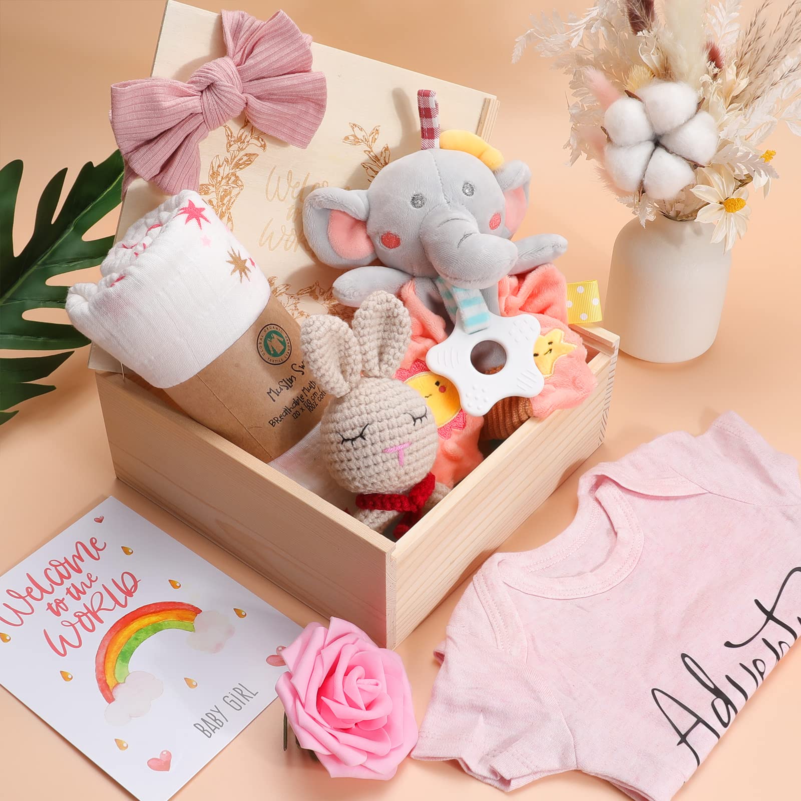 pengtai Baby Girl Gifts,Baby Shower Gifts for Girls,New Born Baby Girls Gift,Baby Girl Gift Basket,Unique Baby Gift Essential Stuff,Gender Reveal Gifts,Rattle Swaddle Blanket Baby Girl Gifts