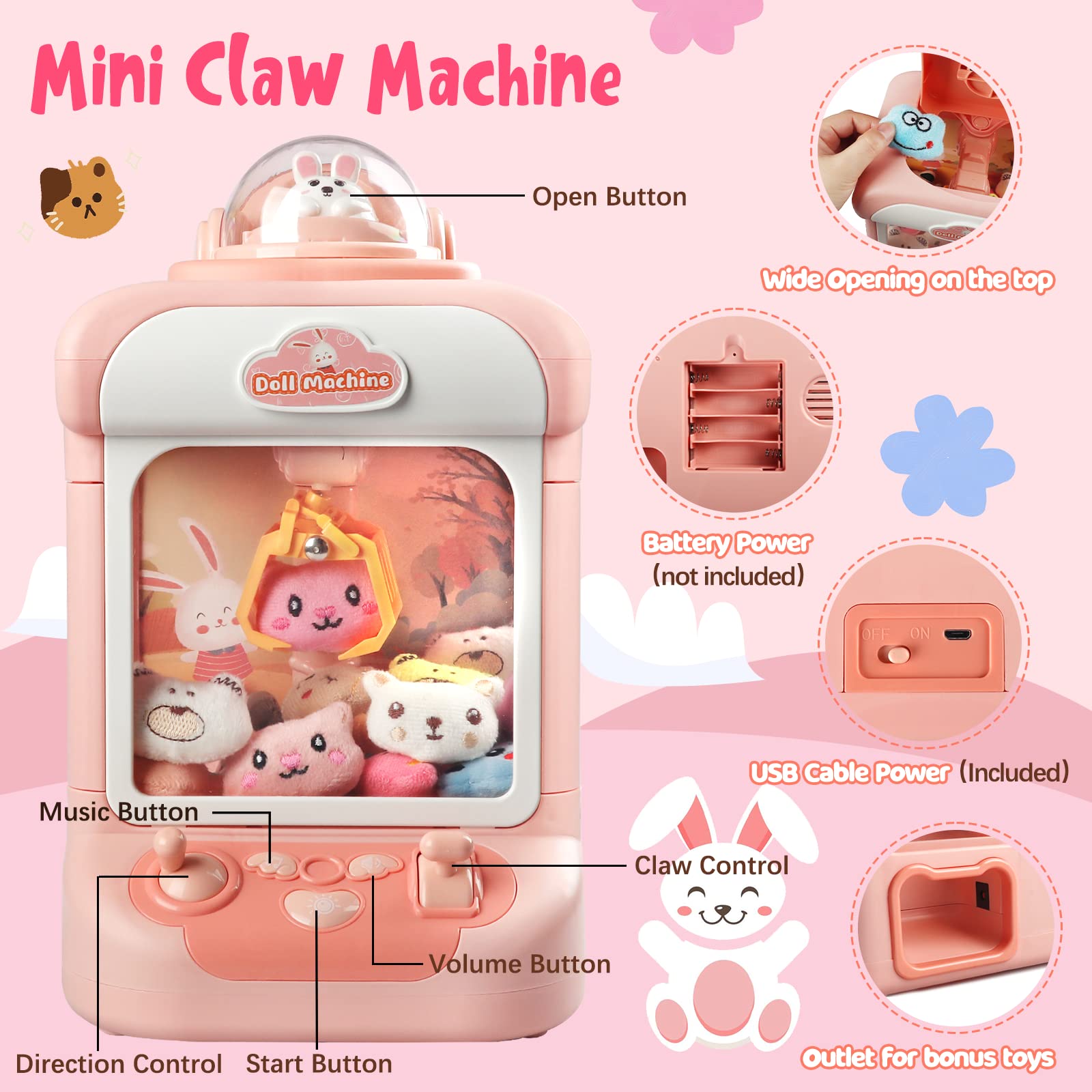 Claw Machine for Kids,Mini Vending Machines Candy Grabber Prize Dispenser Toys for Girls,Electronic Arcade Claw Game Machine for Party Birthday with Lights Sound & 20 Plush Toys