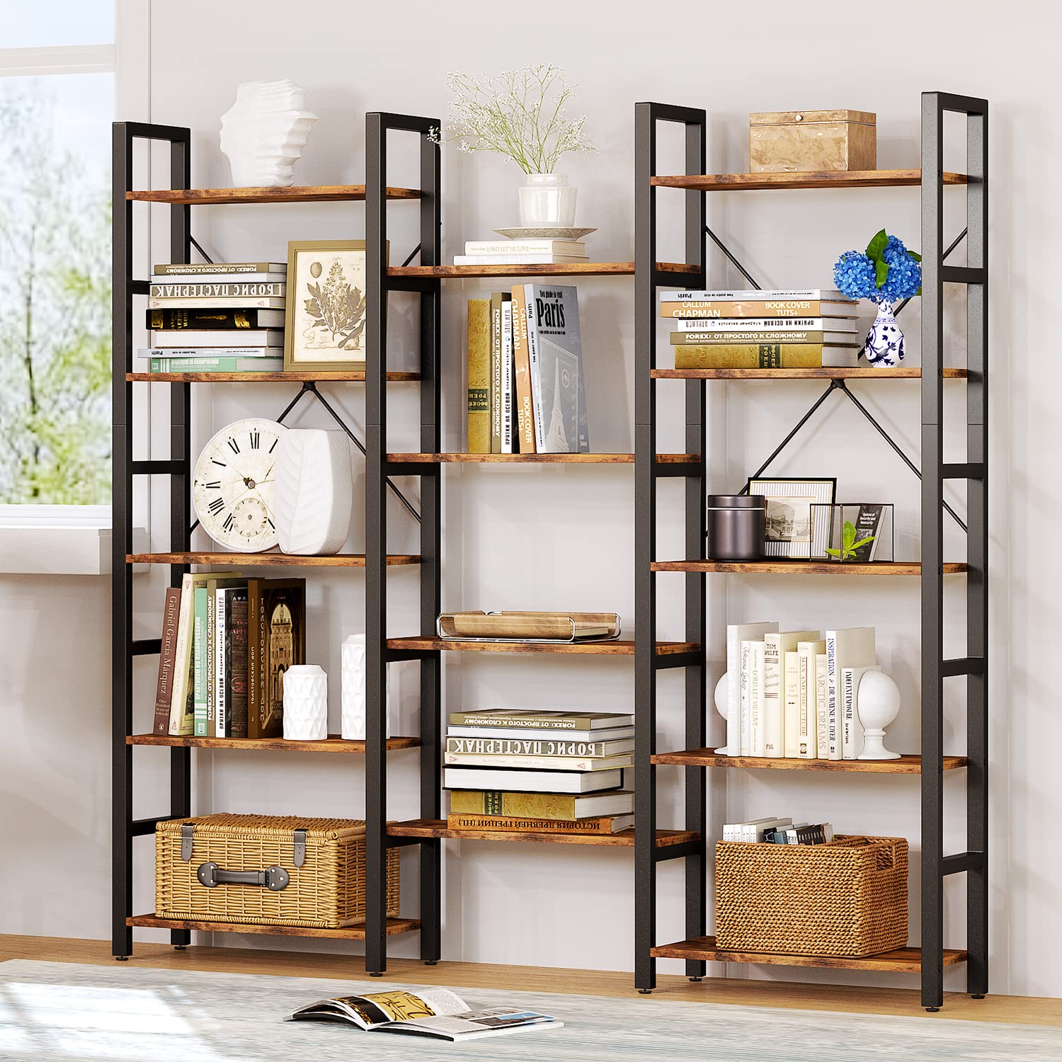 oneinmil Triple Wide 5-Shelf Corner Bookcase Industrial Vintage Wood Style Large Open Bookshelves for Home&Office, Rustic Brown (Rustic Brown, 5 Tier)