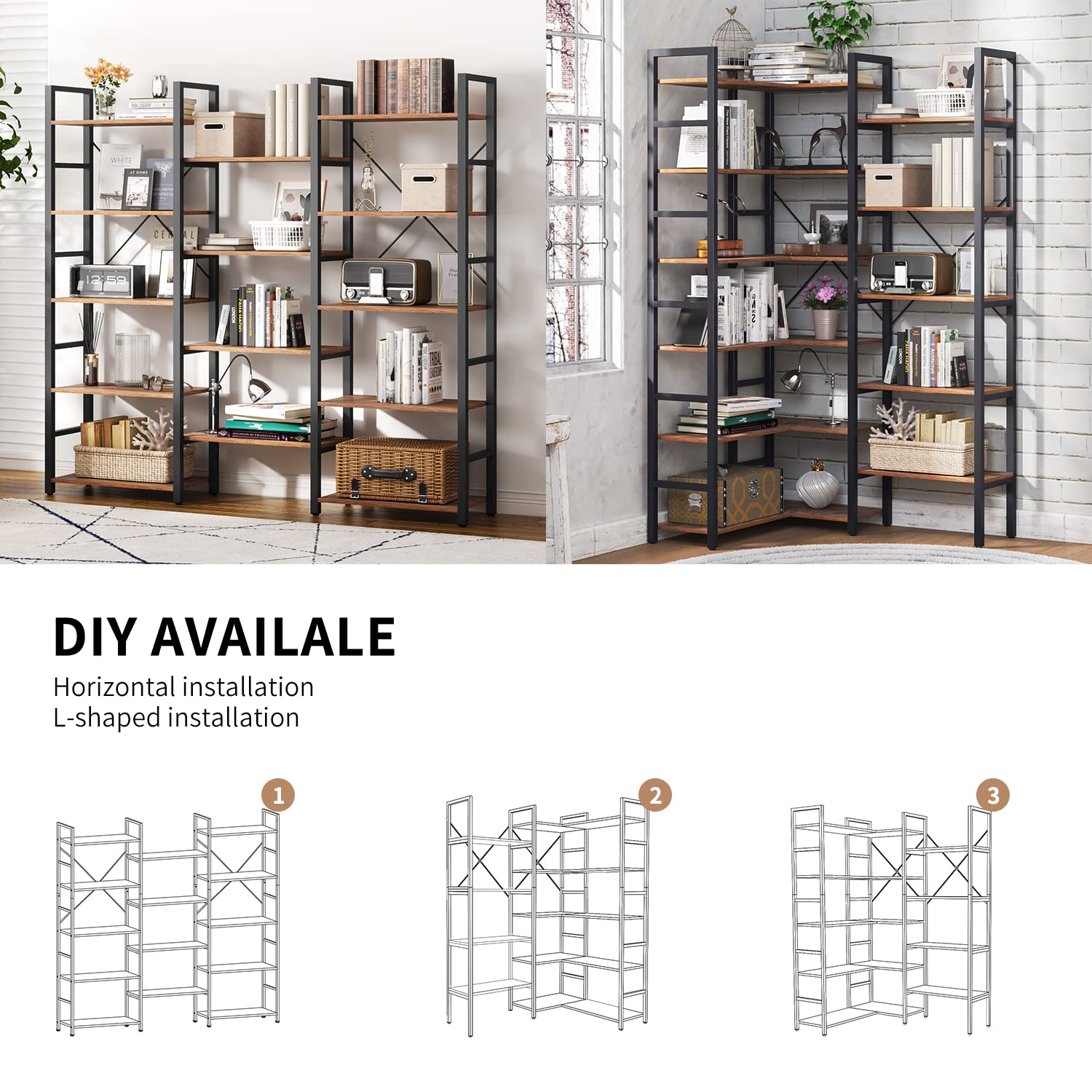 oneinmil Triple Wide 5-Shelf Corner Bookcase Industrial Vintage Wood Style Large Open Bookshelves for Home&Office, Rustic Brown (Rustic Brown, 5 Tier)