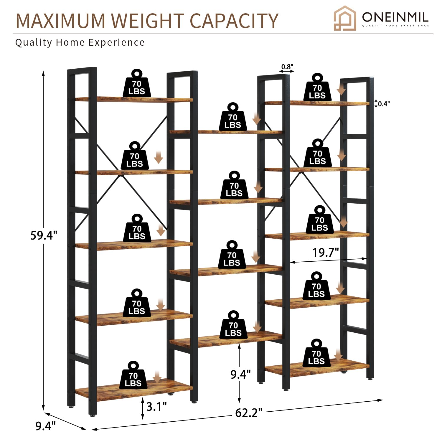 oneinmil Triple Wide 5-Shelf Corner Bookcase Industrial Vintage Wood Style Large Open Bookshelves for Home&Office, Rustic Brown (Rustic Brown, 5 Tier)