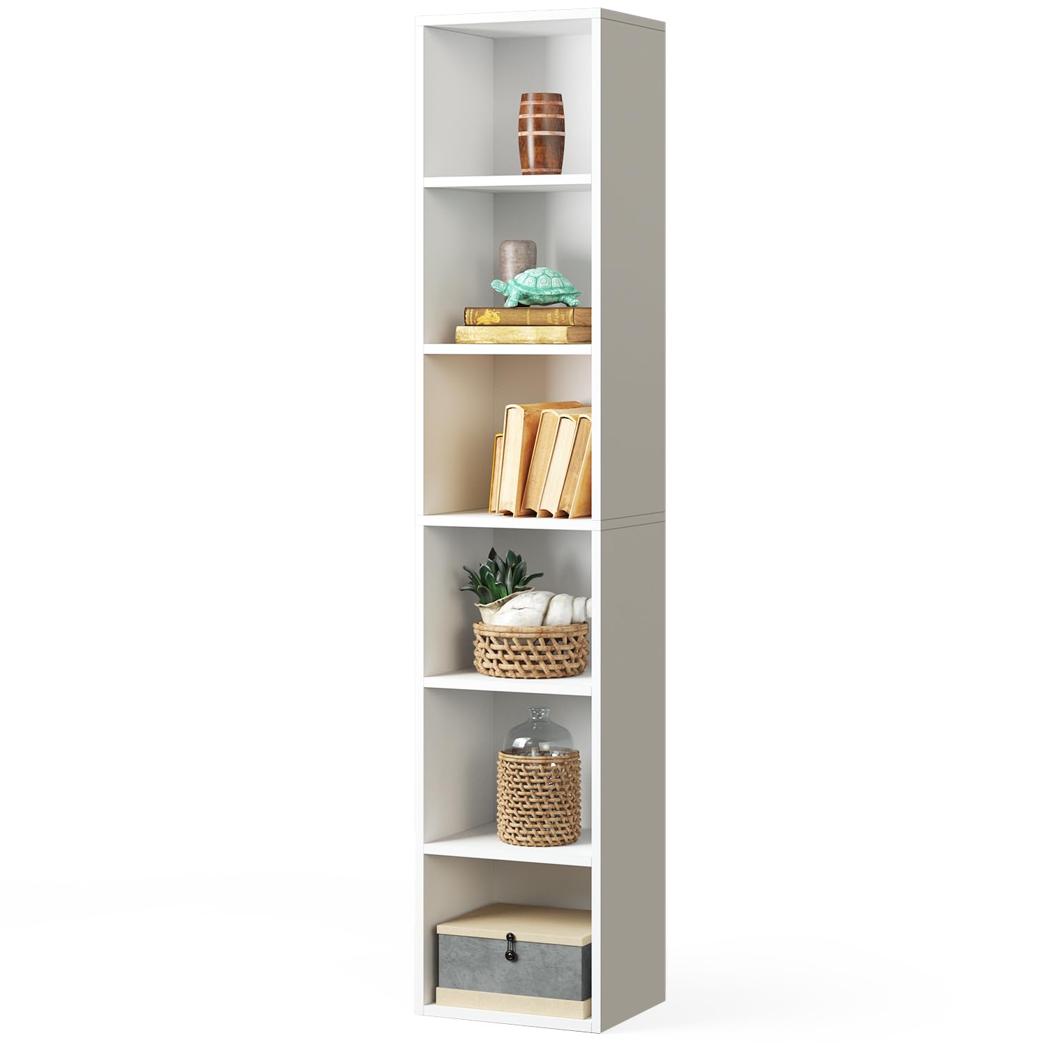 oneinmil Tall Narrow Bookshelf, 6-Tier Cube Display Rack, Modern Corner Bookshelf with Storage Space, Storage Cabinet for Home Office,White