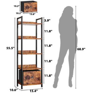 Furologee 5 Tier Bookshelf with Drawer, Tall Narrow Bookcase with Shelves, Wood and Metal Book Shelf Storage Organizer, Industrial Display Standing Shelf Unit for Bedroom, Living Room, Rustic Brown