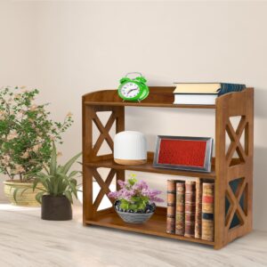 YCICI Bookcase by Natural Wood, 3 Tier Bookshelf, Small Book Shelves Freestanding Display Storage Shelves. Open Bookshelf for Bedroom, Living Room and Office (Brown, 3 Tier)