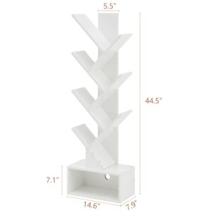 Hoctieon 6 Tier Tree Bookshelf, Tall Bookcase with Drawer, Freestanding Book shelf, Display Floor Standing Storage Shelf, Book Organizer Shelves for Home Office, Living Room, Bedroom, White