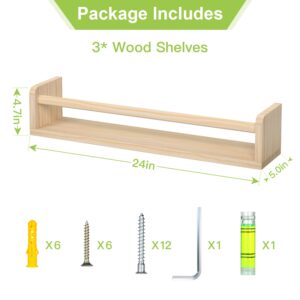 ZCO Floating Nursery Book Shelves for Wall Set of 3, 24 Inch Wall Mounted Wood Book Shelf for Living Room, Bedroom Decor, Kitchen Spice Rack, Small Farmhouse, Natural