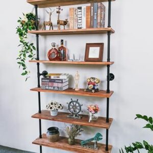 Anynice 6 Tier Industrial Ladder Pipe Shelf Bookcase, Rustic Wall Mounted Pipe Bookshelves for Decor and Storage