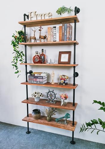 Anynice 6 Tier Industrial Ladder Pipe Shelf Bookcase, Rustic Wall Mounted Pipe Bookshelves for Decor and Storage