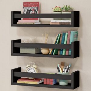 nature supplies nursery book shelves, set of 3 floating bookshelves for wall for nursery decor & playroom decor, book shelf wall, wall bookshelf kids, baby book shelf organizer for kids (black)