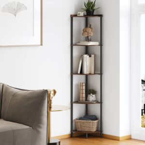 sunmory 5 tier corner shelf stand,industrial 65" corner shelves display shelf for living room decor,wall corner bookshelf multi unit organizer,tall shelf plant stand for bedroom,bathroom,small space