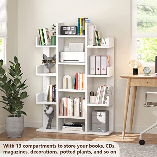 Aheaplus Bookshelf, Tree-Shaped Bookcase Storage Shelf with 13 compartments, Books Organizer Display Cube Shelves, Industrial Free Floor Standing Wood Open Bookshelves for Home, White