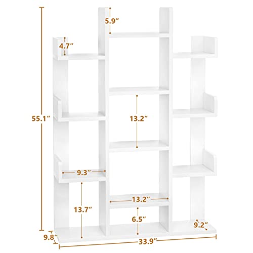 Aheaplus Bookshelf, Tree-Shaped Bookcase Storage Shelf with 13 compartments, Books Organizer Display Cube Shelves, Industrial Free Floor Standing Wood Open Bookshelves for Home, White