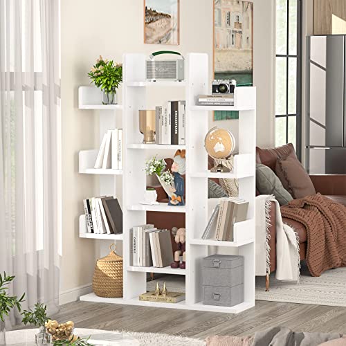 Aheaplus Bookshelf, Tree-Shaped Bookcase Storage Shelf with 13 compartments, Books Organizer Display Cube Shelves, Industrial Free Floor Standing Wood Open Bookshelves for Home, White