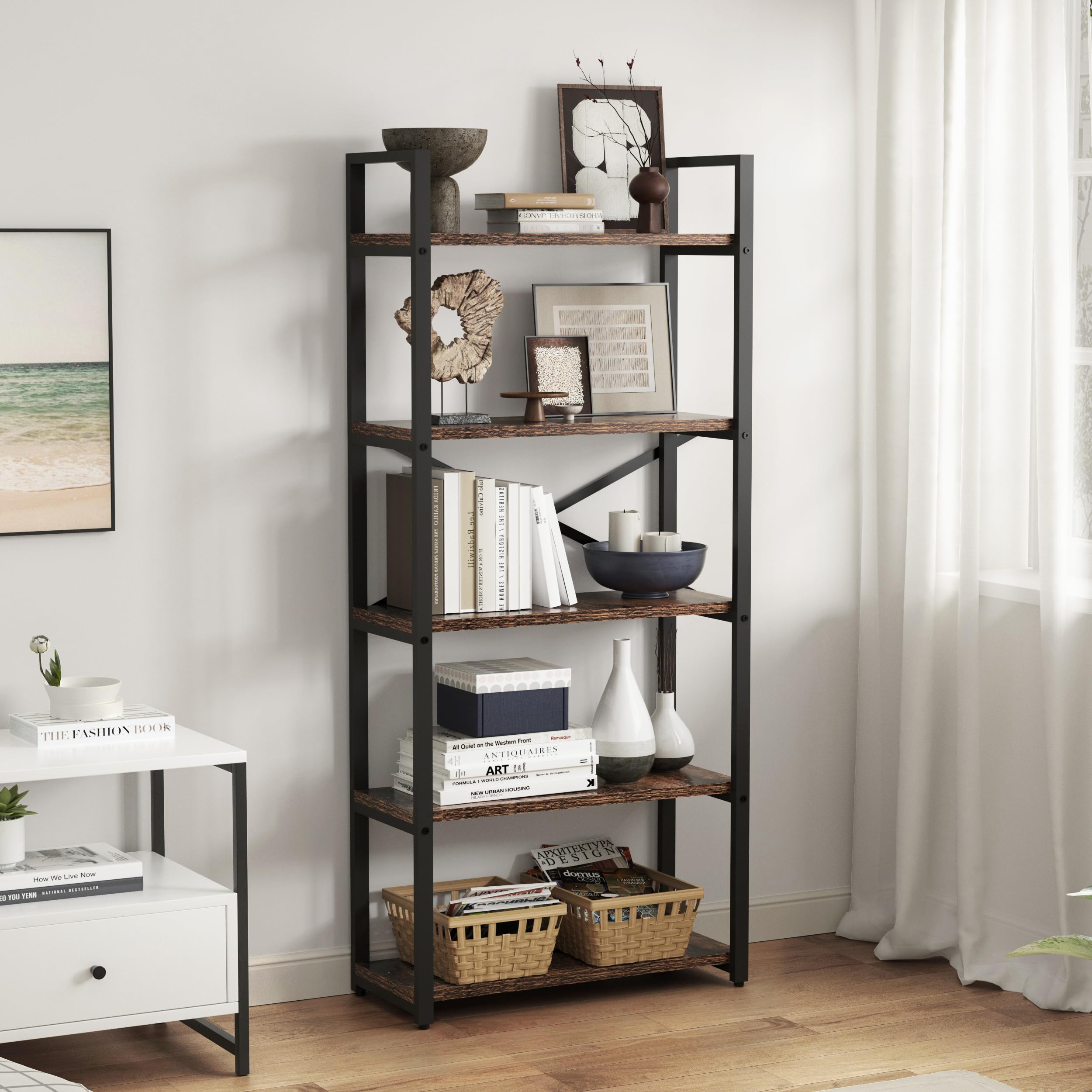 Acovy 5 Tier Bookshelf Rustic Industrial Style, Storage Shelves, Metal Book Shelves Bookcase Book Shelf Display Shelf for Home Office, Living Room, Bedroom, Kitchen (23.6" W, Brown)