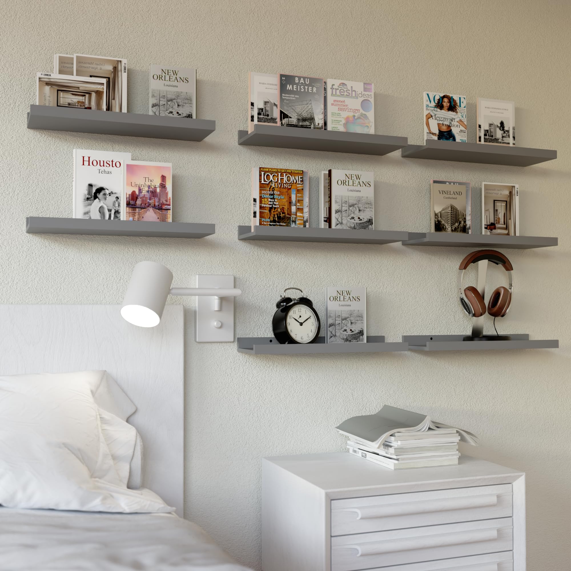 RICHER HOUSE 8 Set Floating Wall Mounted Shelves, Nursery Hanging Book Shelves with Lip for Storage, Gray Display Picture Ledge Shelf for Bedroom Bathroom Kitchen Living Room Wall Decor, Modern Grey