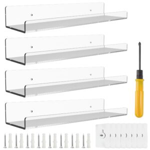hmdivor 4 pack 15'' clear acrylic shelves for wall mounted display ledge storage racks, acrylic floating wall shelves for kids book shelves, living room, bathroom, bedroom, kitchen