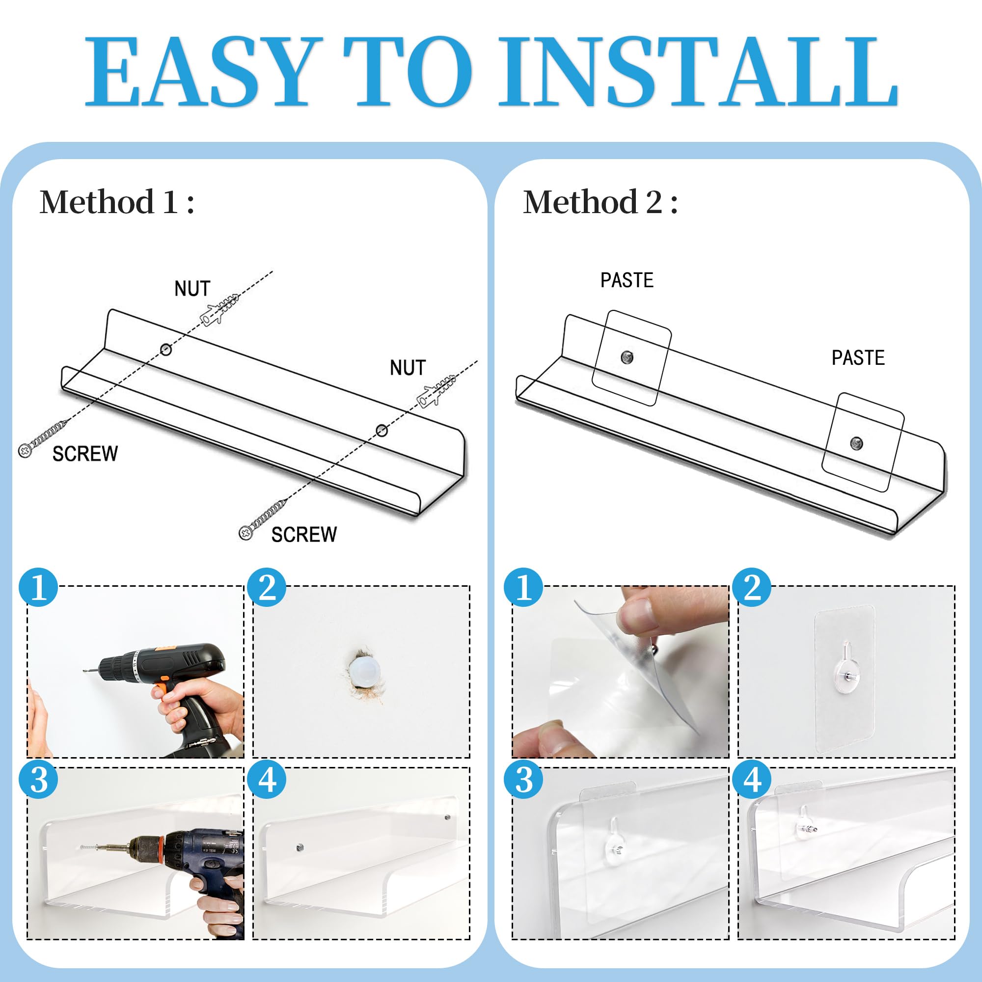 Hmdivor 4 Pack 15'' Clear Acrylic Shelves for Wall Mounted Display Ledge Storage Racks, Acrylic Floating Wall Shelves for Kids Book Shelves, Living Room, Bathroom, Bedroom, Kitchen