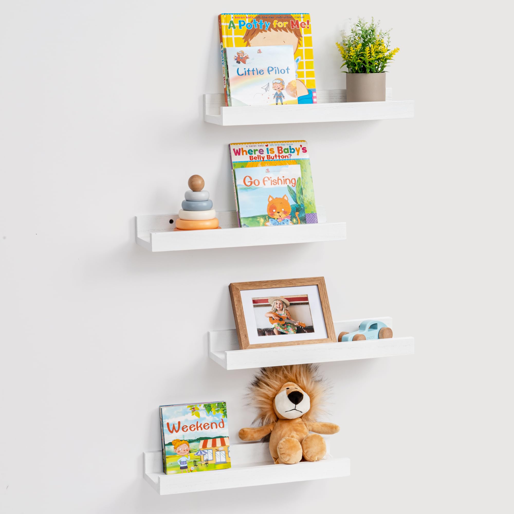 Fun Memories White Picture Ledge Shelves Set of 4, Wooden Kids Nursery Bookshelf 16 Inch, Floating Picture Shelves for Wall with Lip, Solid Wood Photo Ledge Shelves for Bedroom, Living Room, Office