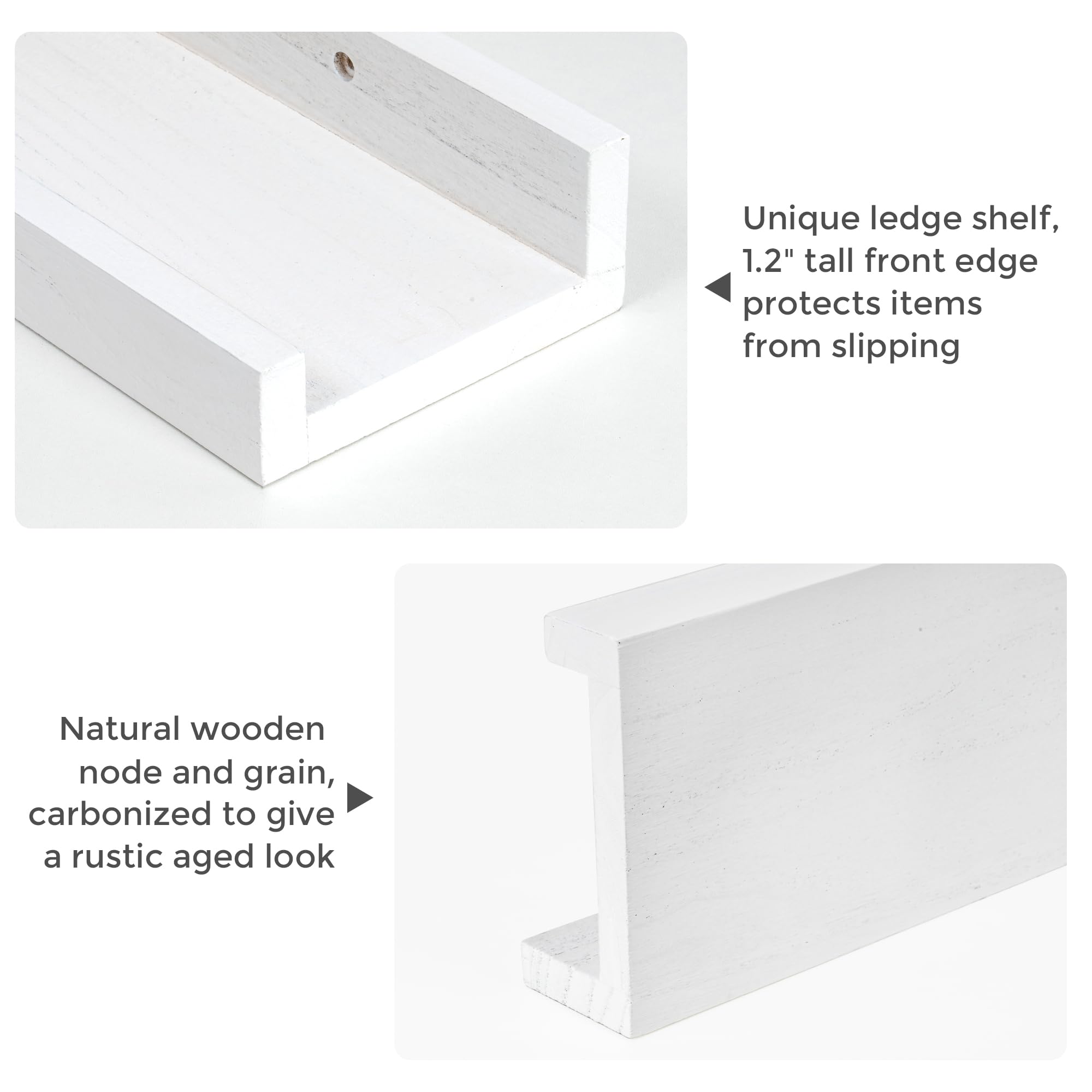 Fun Memories White Picture Ledge Shelves Set of 4, Wooden Kids Nursery Bookshelf 16 Inch, Floating Picture Shelves for Wall with Lip, Solid Wood Photo Ledge Shelves for Bedroom, Living Room, Office