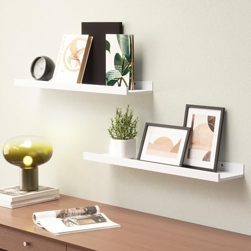 Boswillon 24 Inches Long Floating Shelves Wall Mounted, 2 Set Modern White Wall Shelf for Bedroom, Nursery Book Shelf with Lip, Picture Ledge Shelf for Wall Decor Living Room Bathroom Kitchen - White