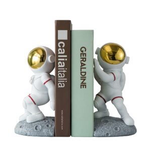 banllis space theme bookends for shelves, astronaut moon book ends for kids room, decorative planet book stoppers to hold books heavy duty, unique boys and girls gift (gray)