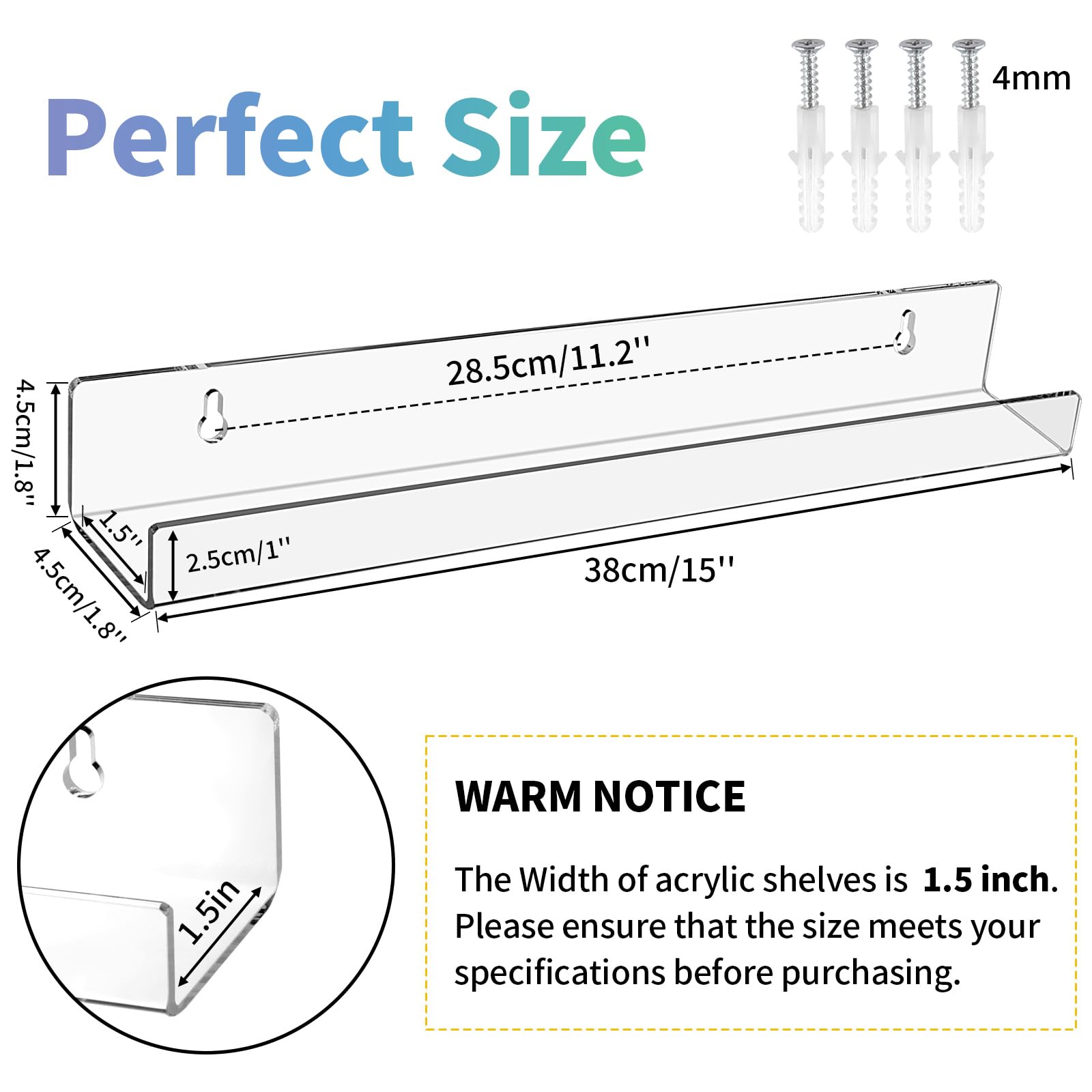 2 Pieces Acrylic Floating Shelves, 15inch Clear Acrylic Shelf, Invisible Wall Mount Bookshelf with Mounting Kit, Small Bathroom Shelves for Record, Book, Funko Pop Figure Display