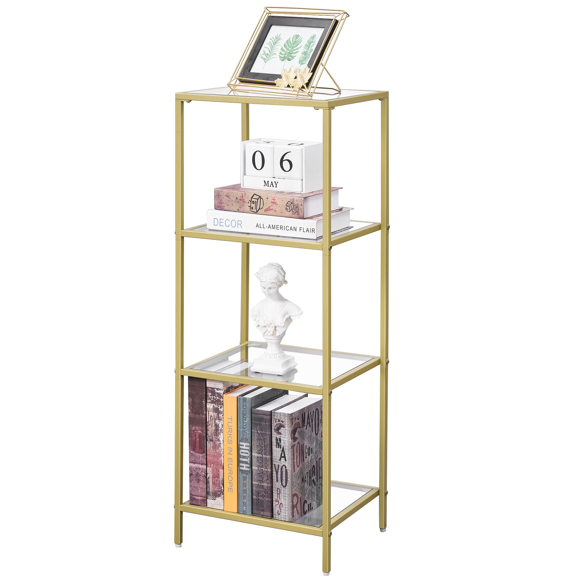 Homhedy 4-Tier Bookshelf,Metal Bookcase,Tempered Glass Shelves,Storage Rack Shelf for Home Office,Living Room,Bedroom, Bathroom,Modern Style,Golden