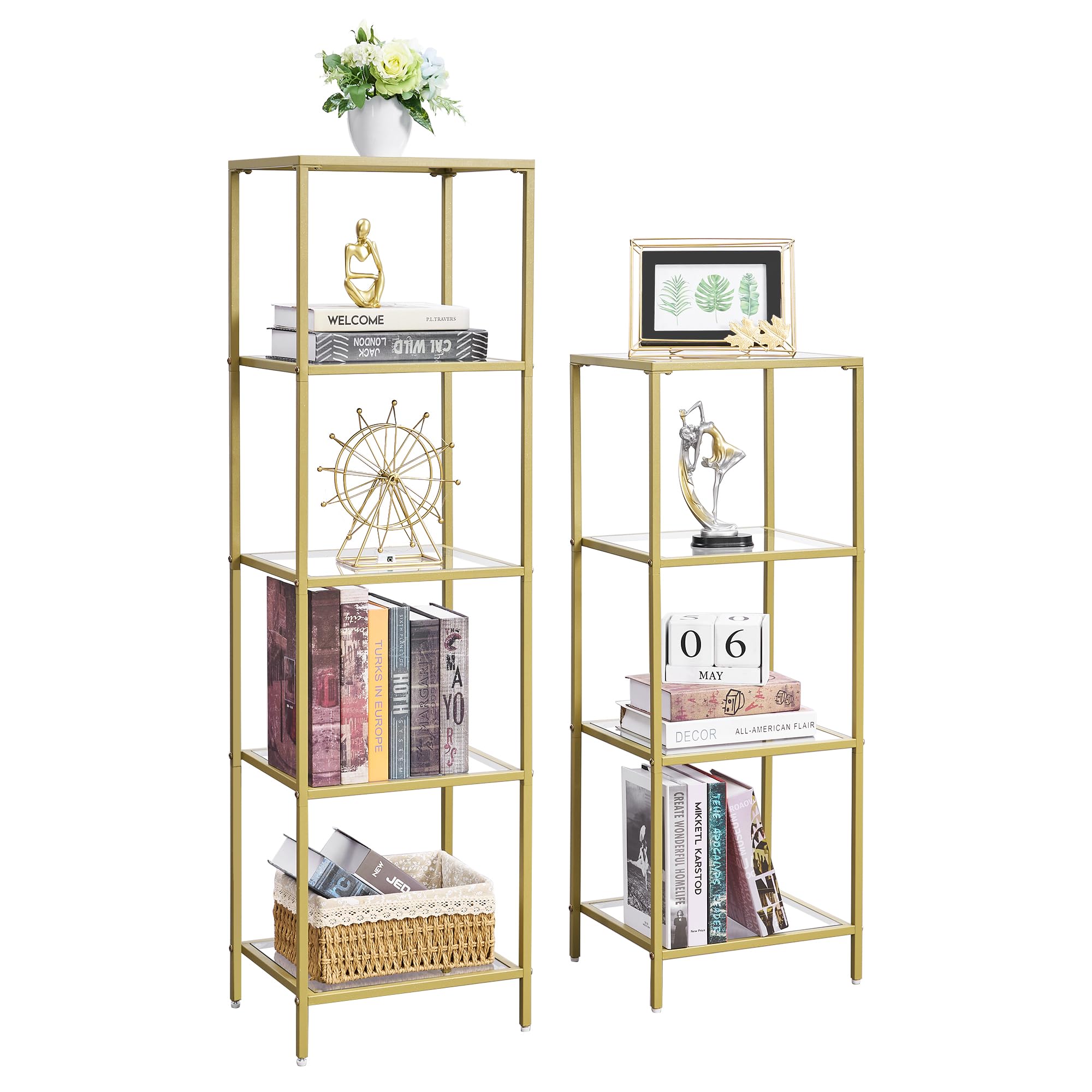 Homhedy 4-Tier Bookshelf,Metal Bookcase,Tempered Glass Shelves,Storage Rack Shelf for Home Office,Living Room,Bedroom, Bathroom,Modern Style,Golden